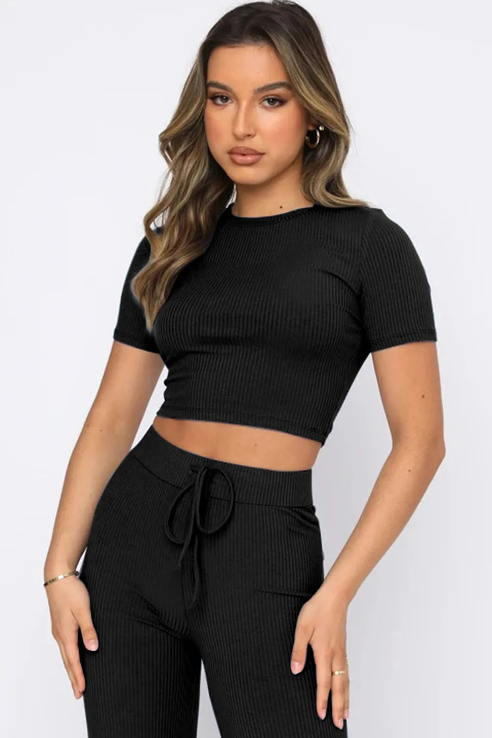 Round Neck Short Sleeve Top and Pants Set - Korvel