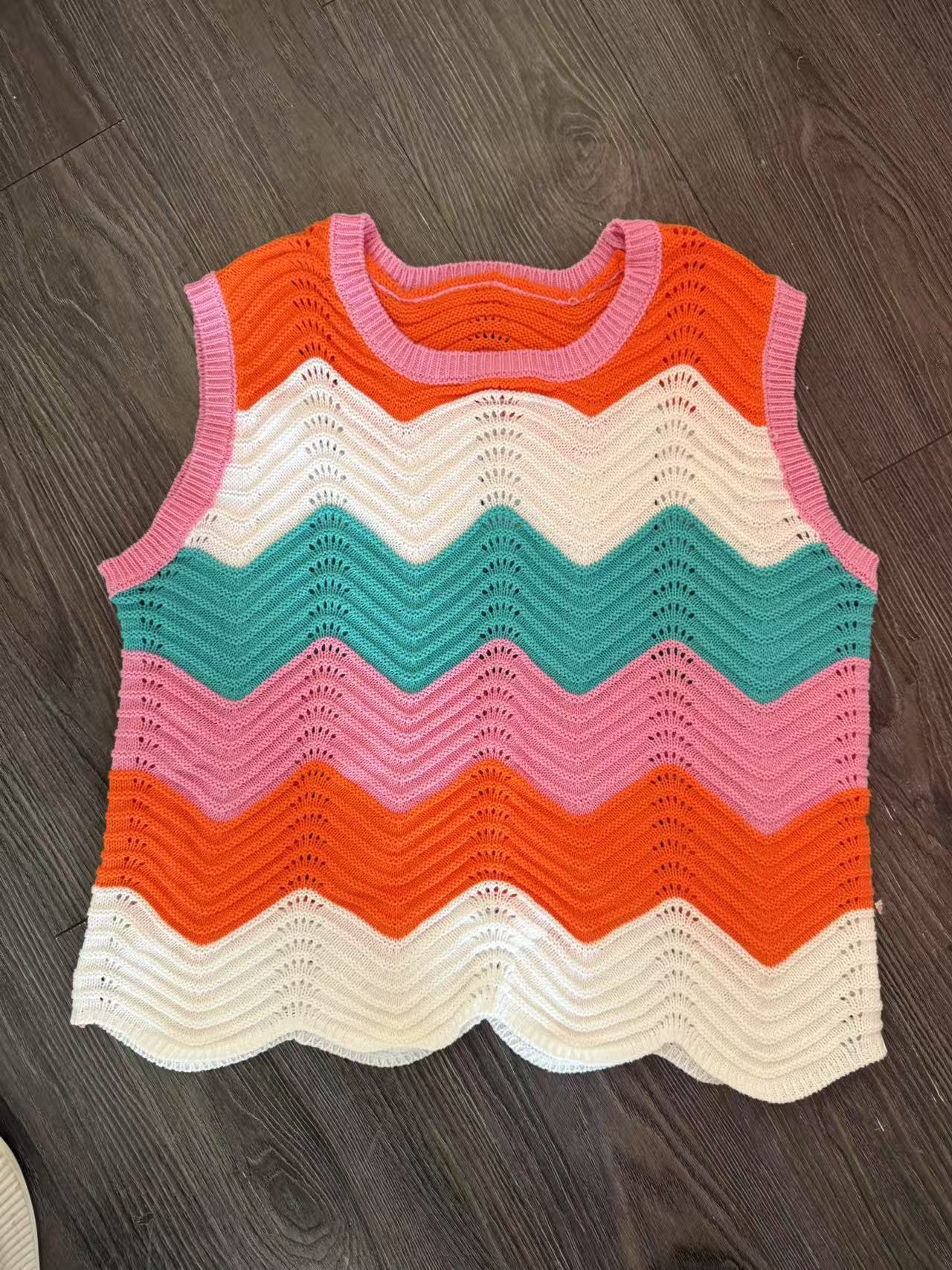 Top de Olas Contrastantes - Chaleco de Manga Corta con Cuello Redondo