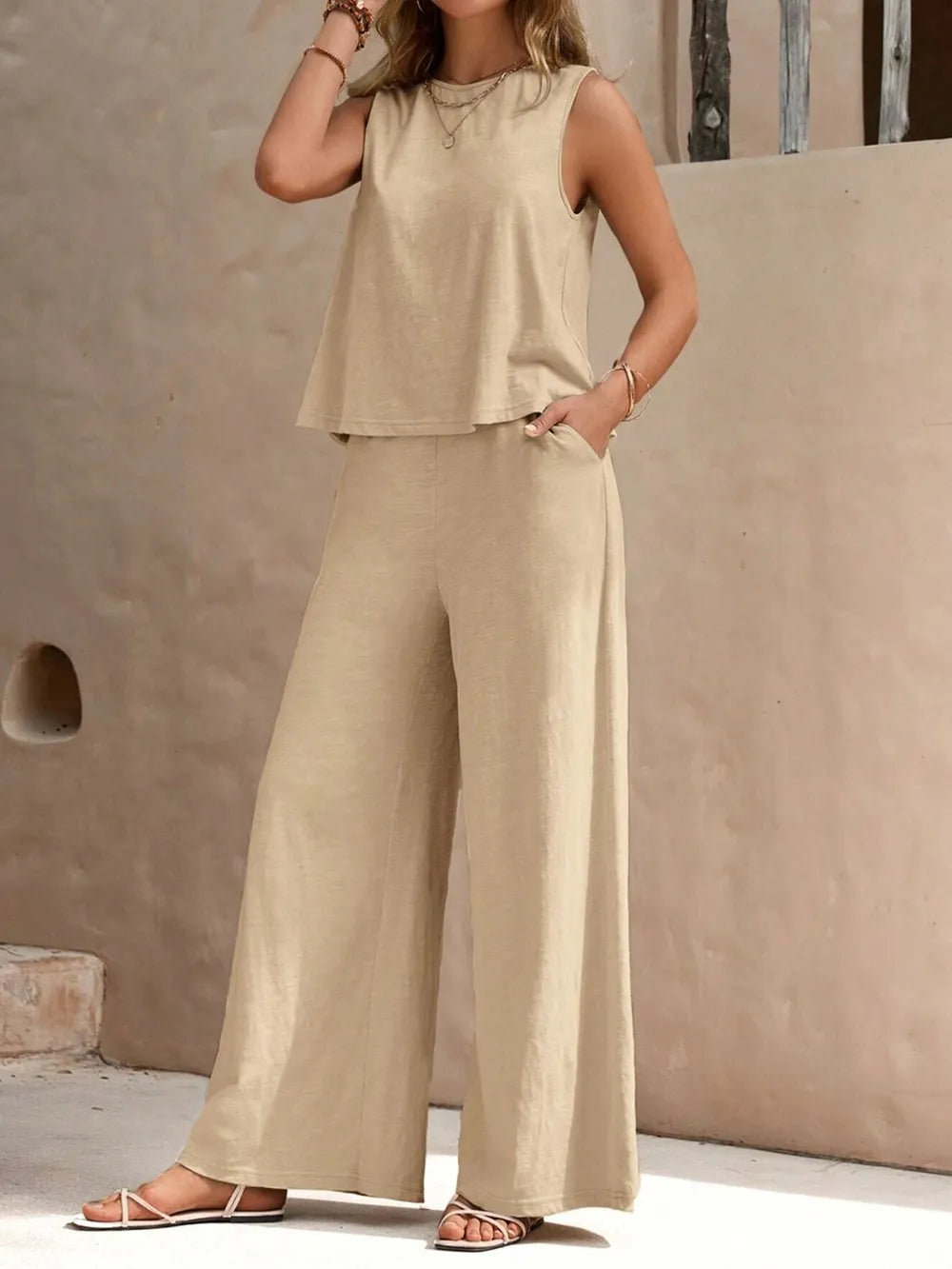 Round Neck Sleeveless Top and Wide Leg Pants Set - Korvel