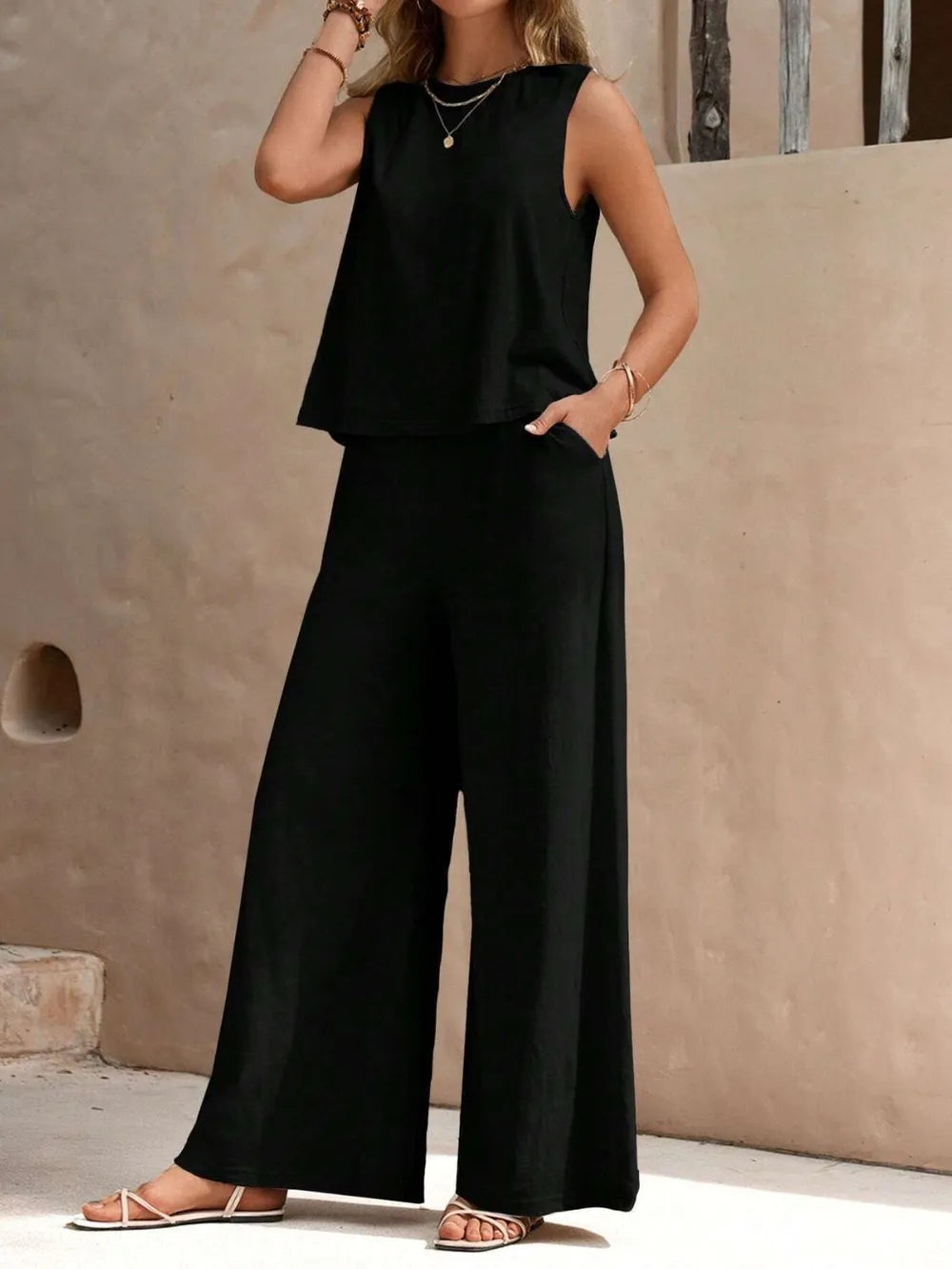 Round Neck Sleeveless Top and Wide Leg Pants Set - Korvel