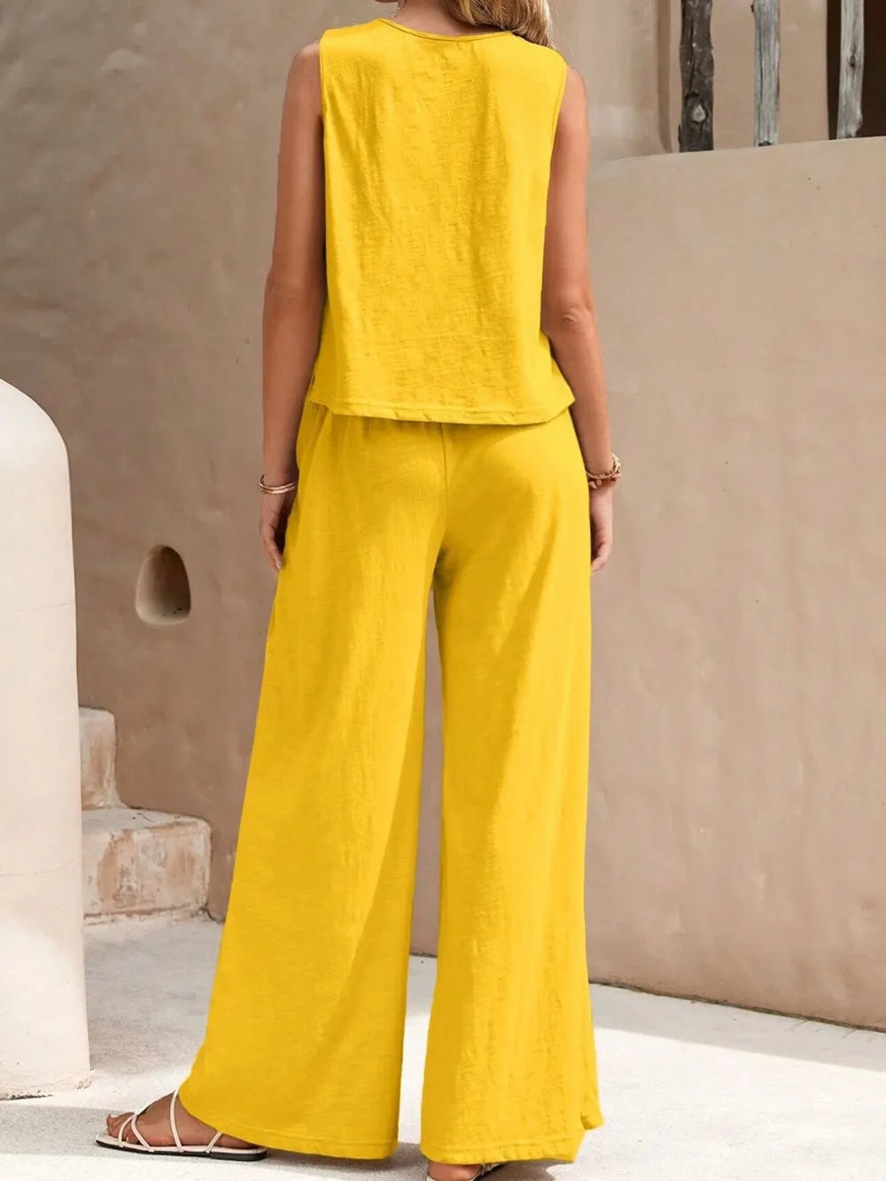 Round Neck Sleeveless Top and Wide Leg Pants Set - Korvel