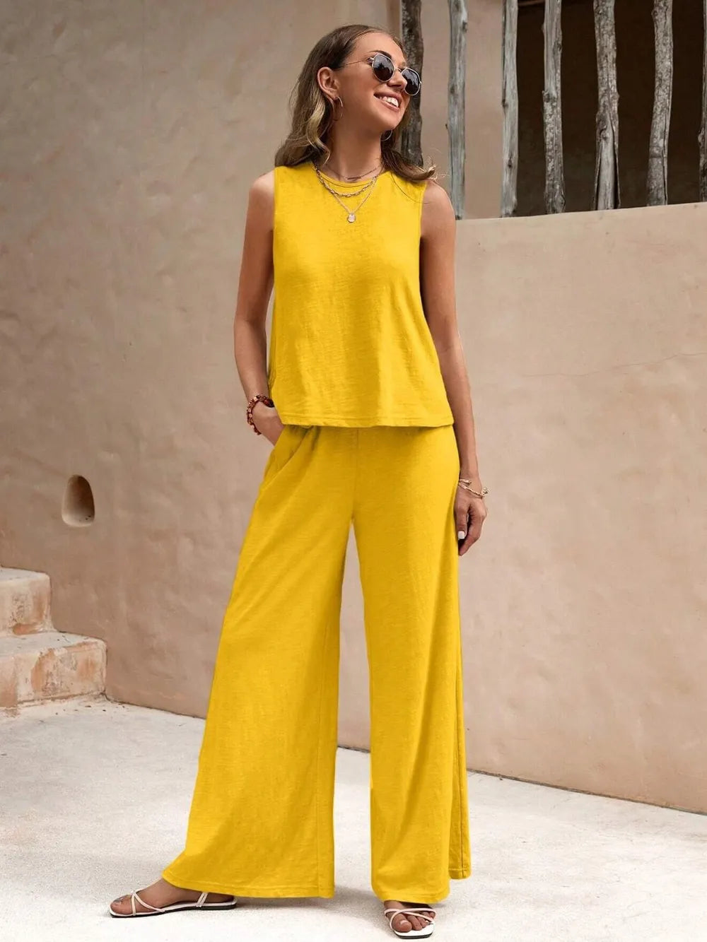 Round Neck Sleeveless Top and Wide Leg Pants Set - Korvel