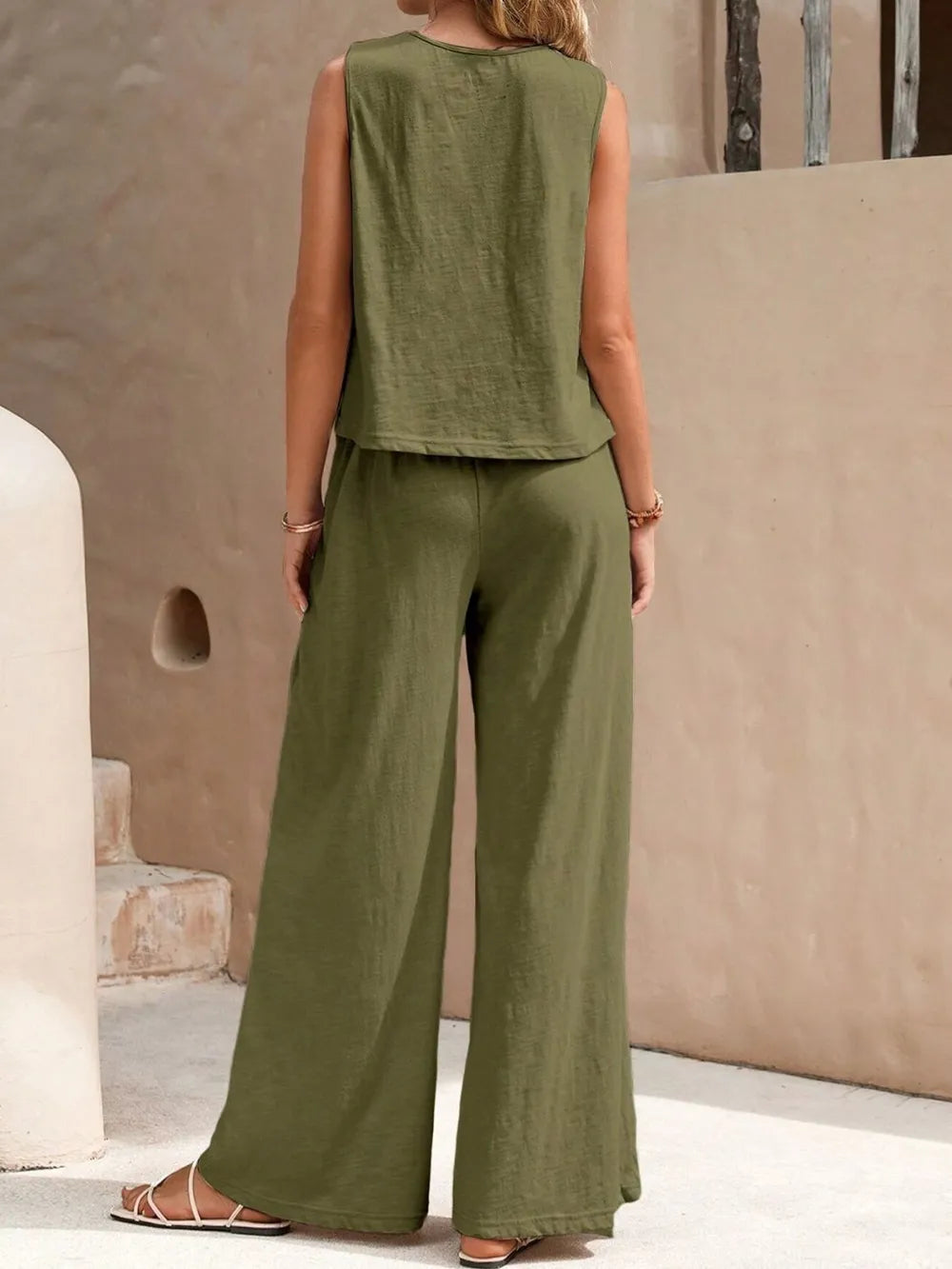 Round Neck Sleeveless Top and Wide Leg Pants Set - Korvel