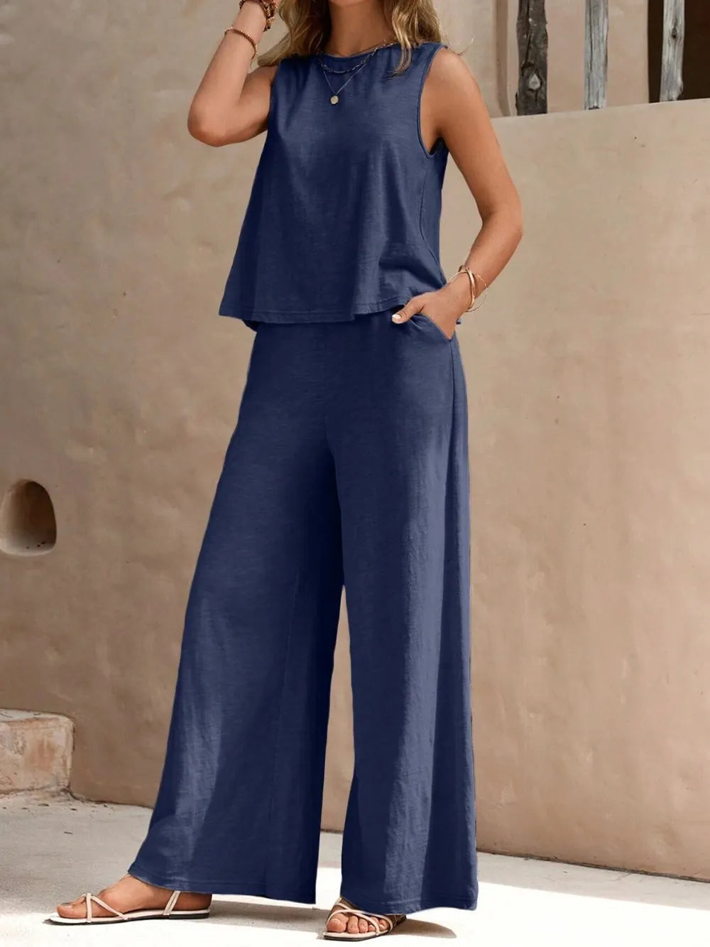 Round Neck Sleeveless Top and Wide Leg Pants Set - Korvel