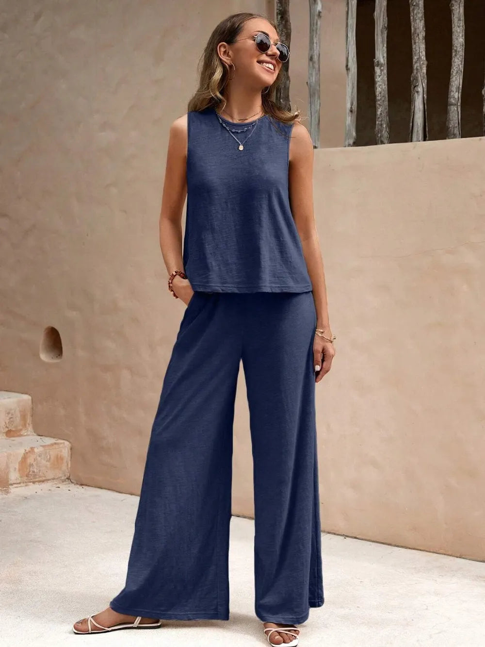 Round Neck Sleeveless Top and Wide Leg Pants Set - Korvel