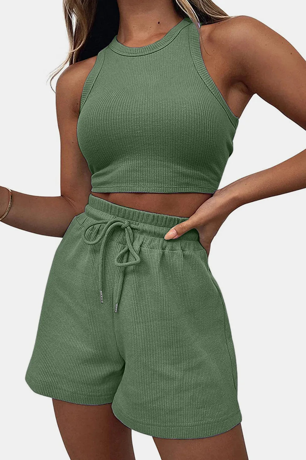 Round Neck Top and Drawstring Shorts Set - Korvel