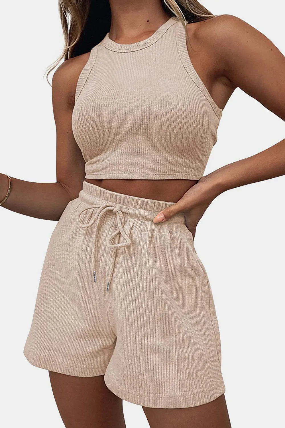 Round Neck Top and Drawstring Shorts Set - Korvel