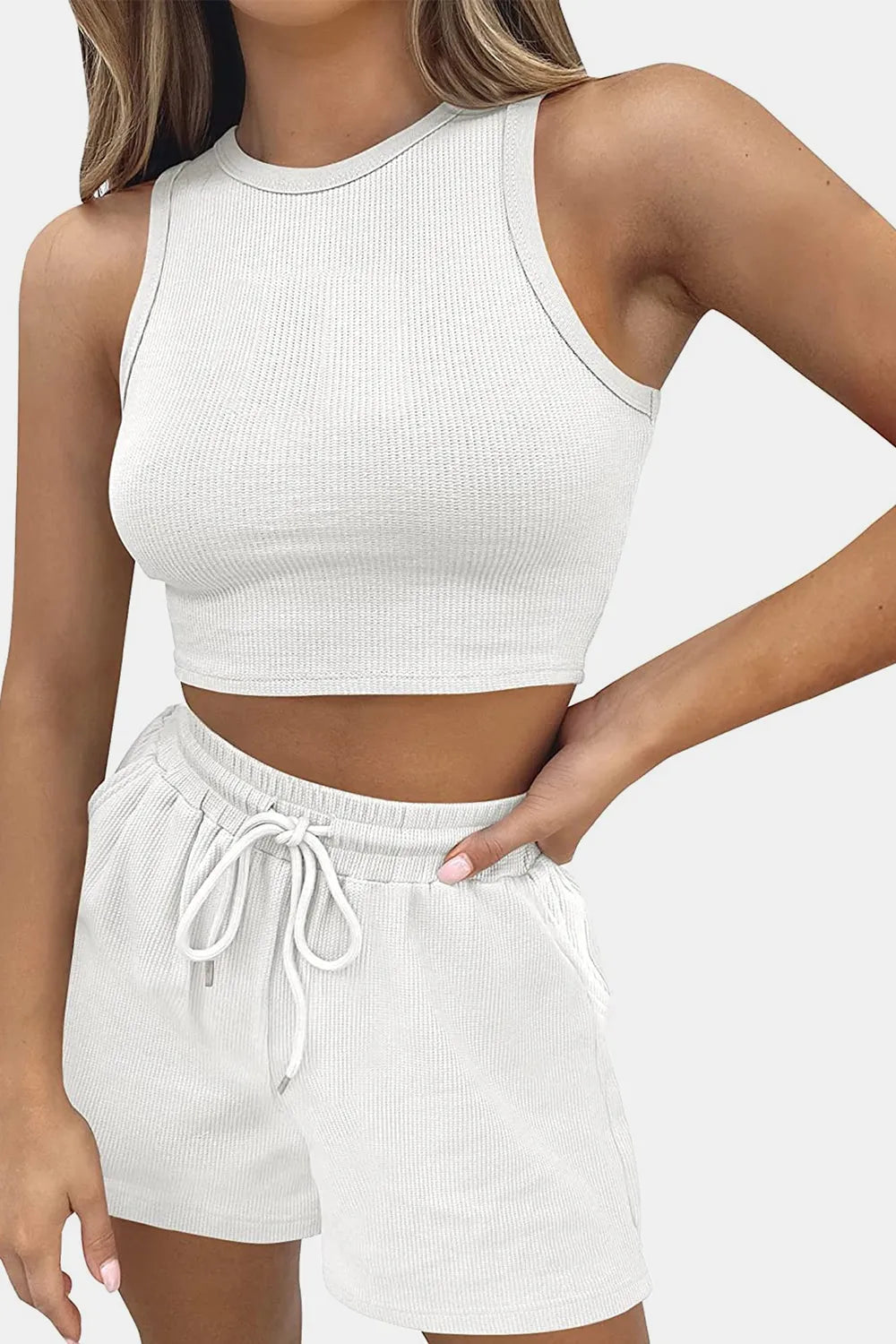 Round Neck Top and Drawstring Shorts Set - Korvel