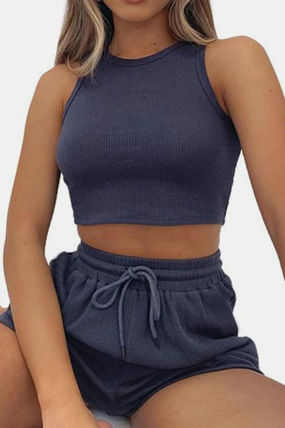 Round Neck Top and Drawstring Shorts Set - Korvel