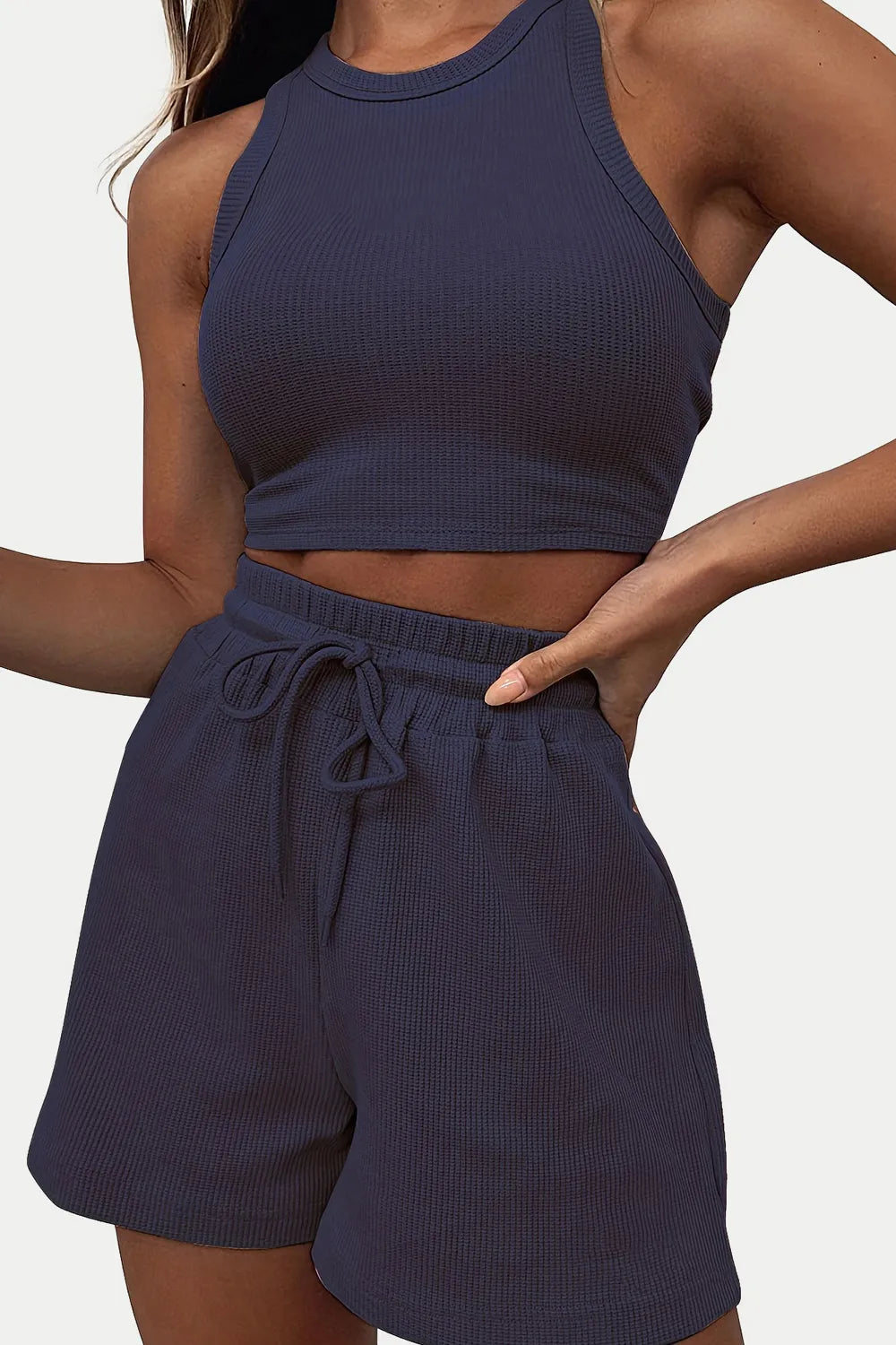 Round Neck Top and Drawstring Shorts Set - Korvel