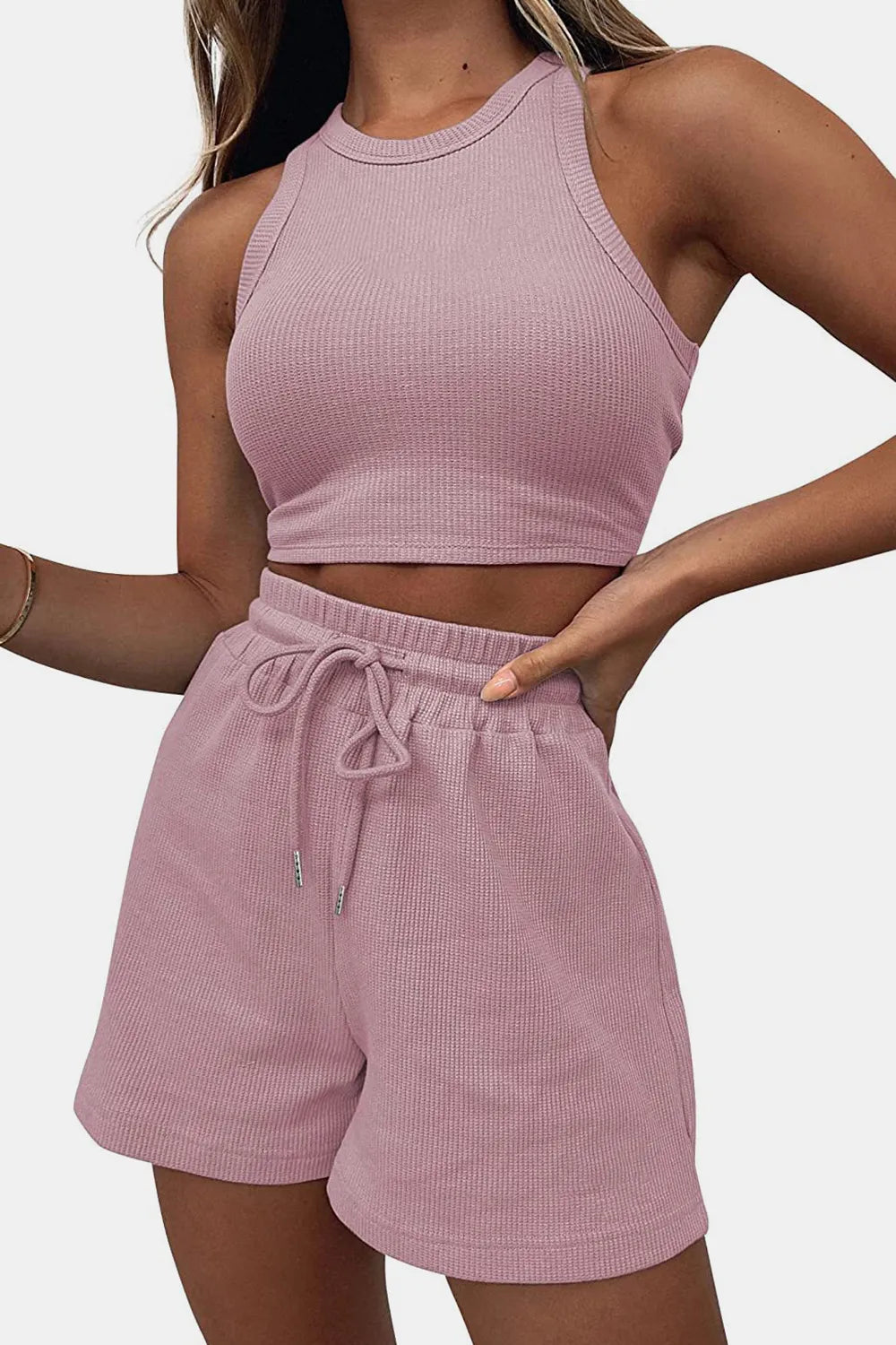 Round Neck Top and Drawstring Shorts Set - Korvel