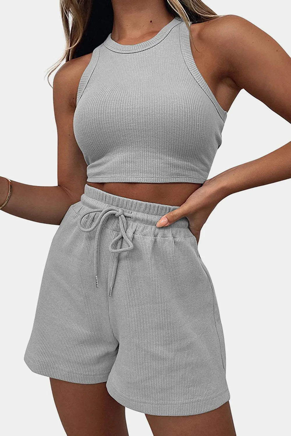 Round Neck Top and Drawstring Shorts Set - Korvel