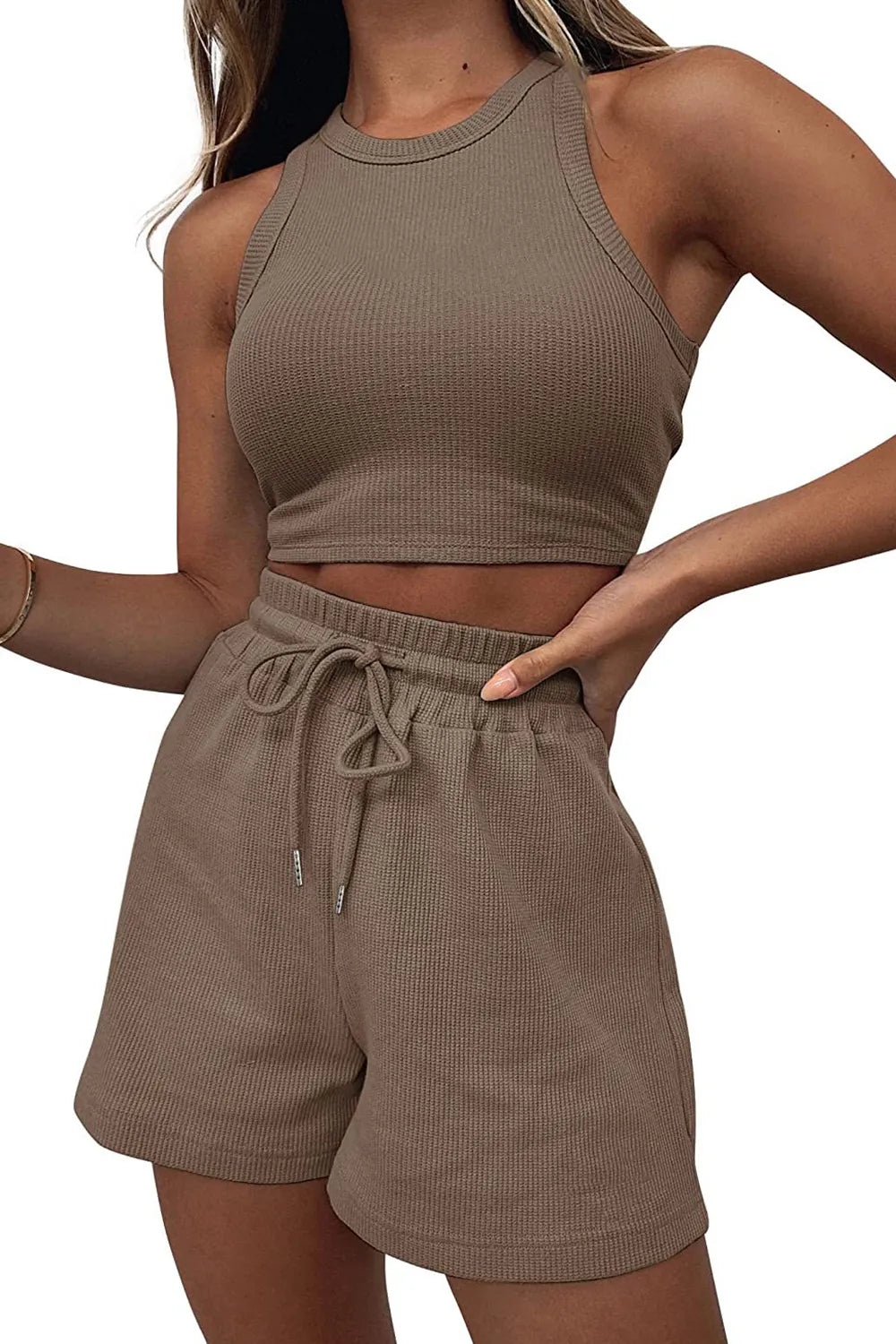 Round Neck Top and Drawstring Shorts Set - Korvel