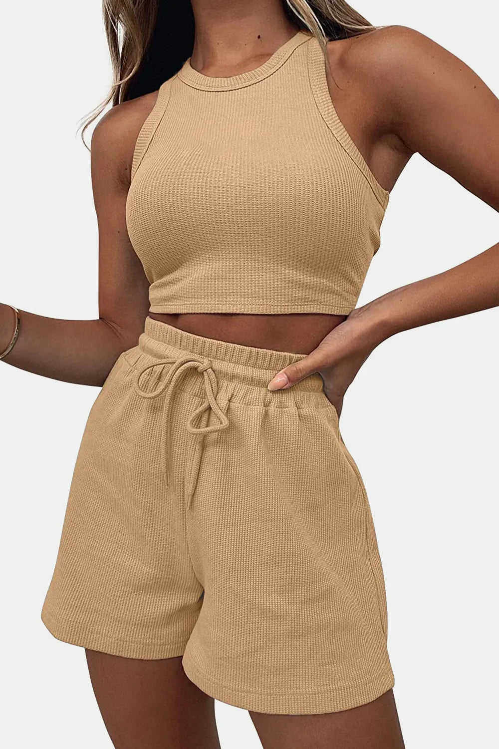 Round Neck Top and Drawstring Shorts Set - Korvel