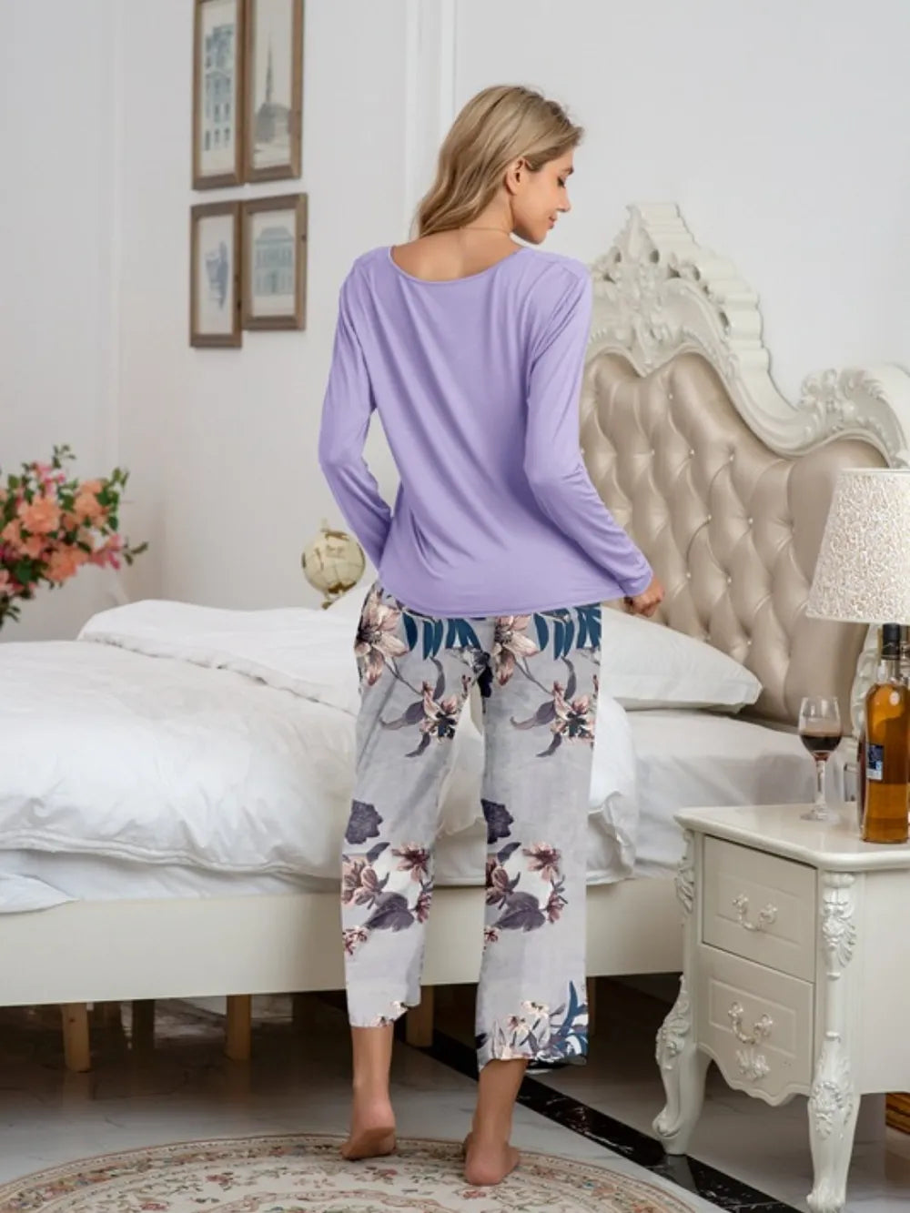 Round Neck Top and Printed Pants Lounge Set - Korvel