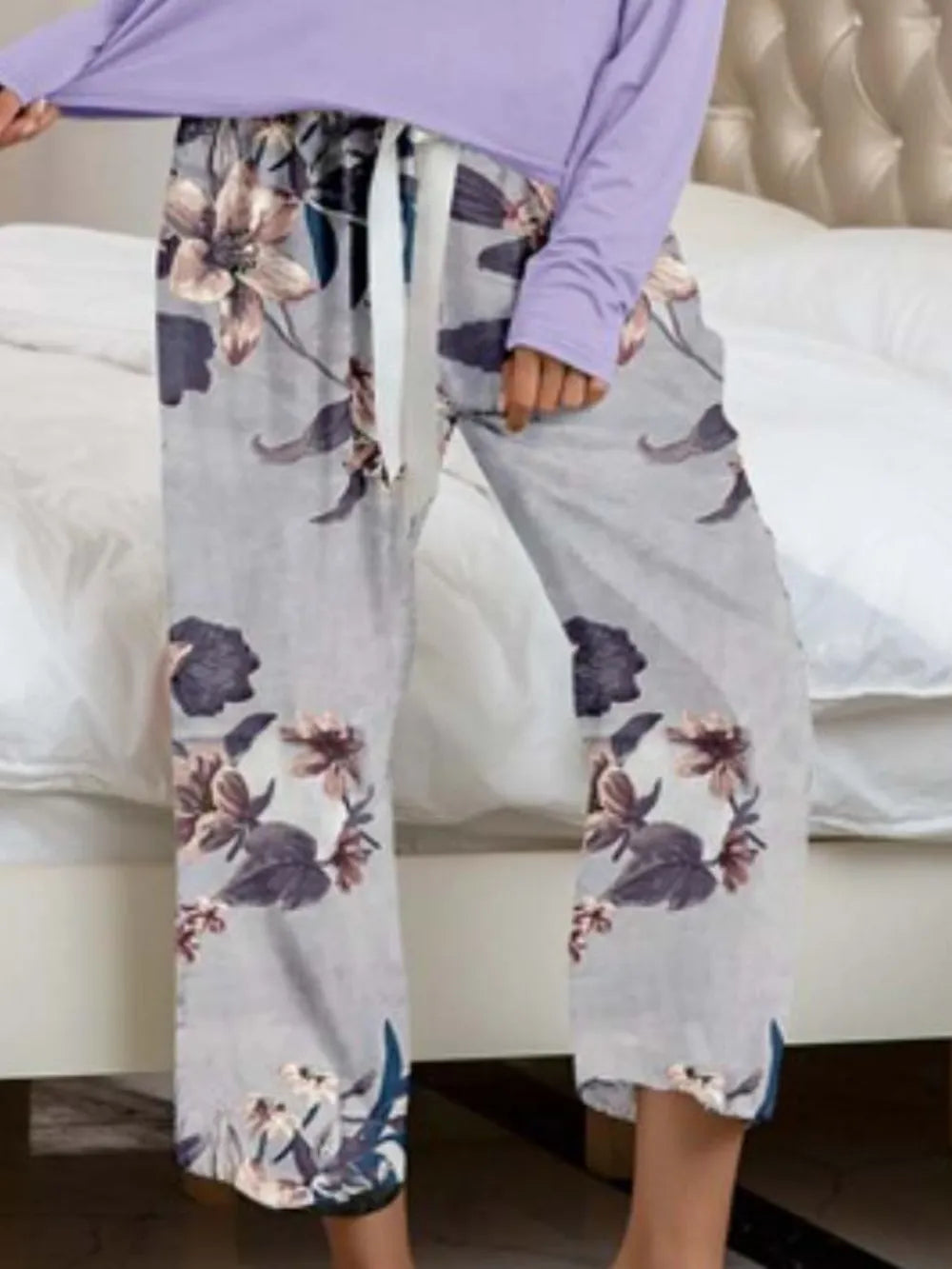 Round Neck Top and Printed Pants Lounge Set - Korvel
