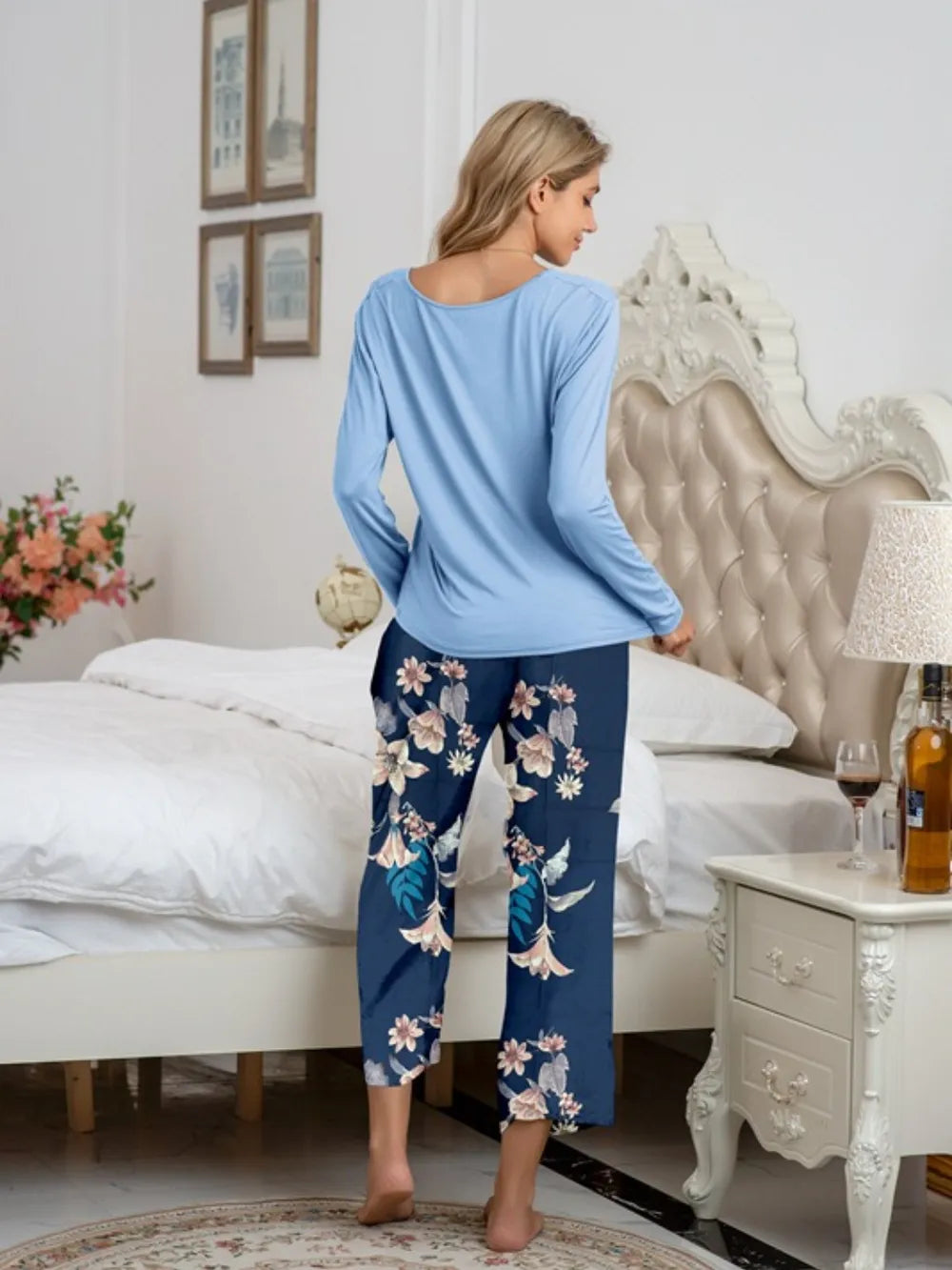 Round Neck Top and Printed Pants Lounge Set - Korvel