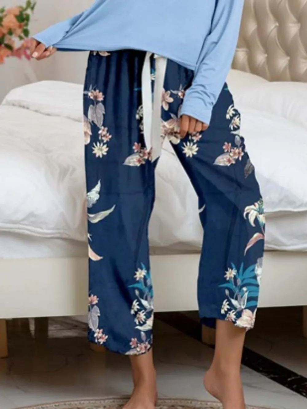 Round Neck Top and Printed Pants Lounge Set - Korvel