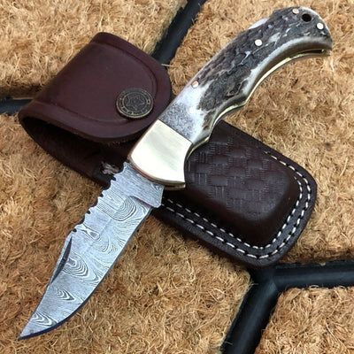 Premium Folding Pocket Knife | Antler Horn Grip with Brass Accents | 3-Inch Blade | Includes Leather Sheath | KBS Knives - Korvel