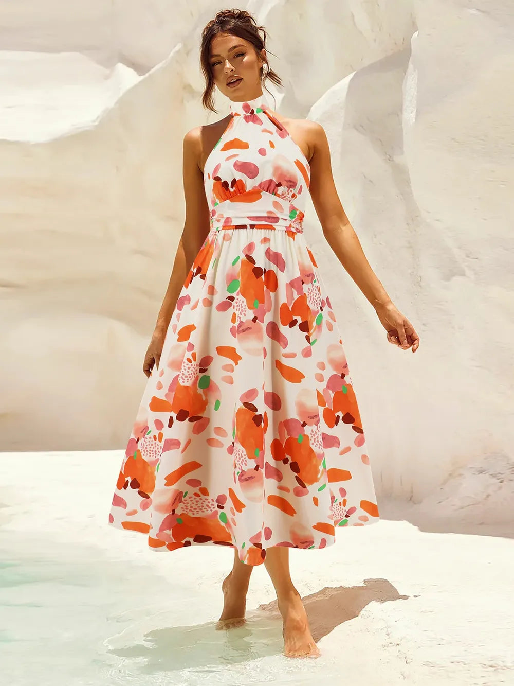 Ruched Printed Halter Neck Dress - Korvel