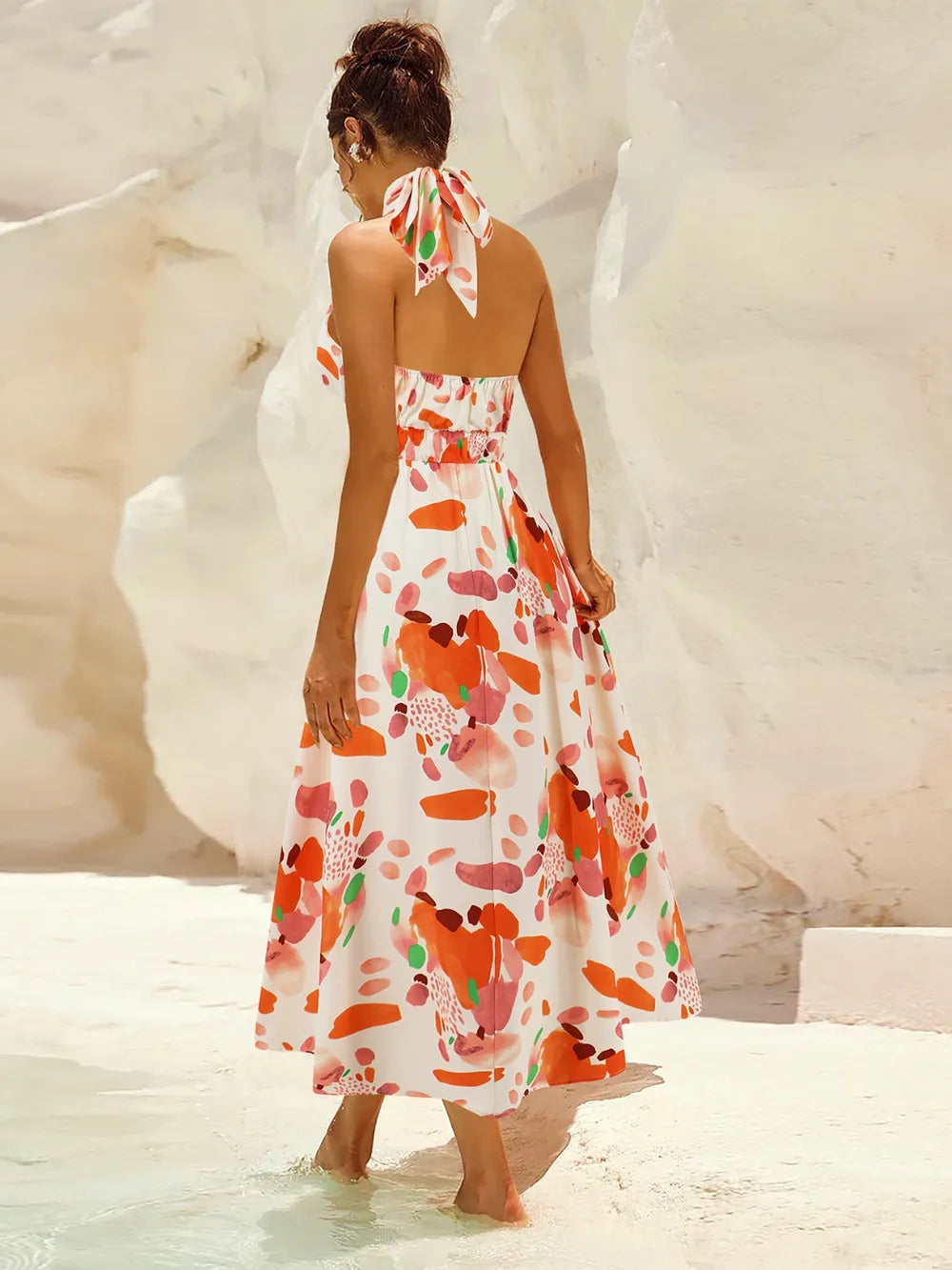 Ruched Printed Halter Neck Dress - Korvel