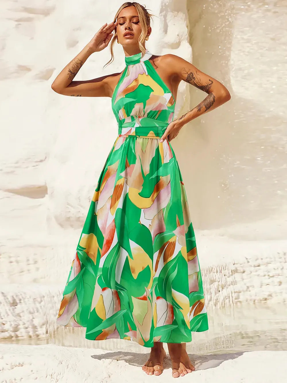 Ruched Printed Halter Neck Dress - Korvel