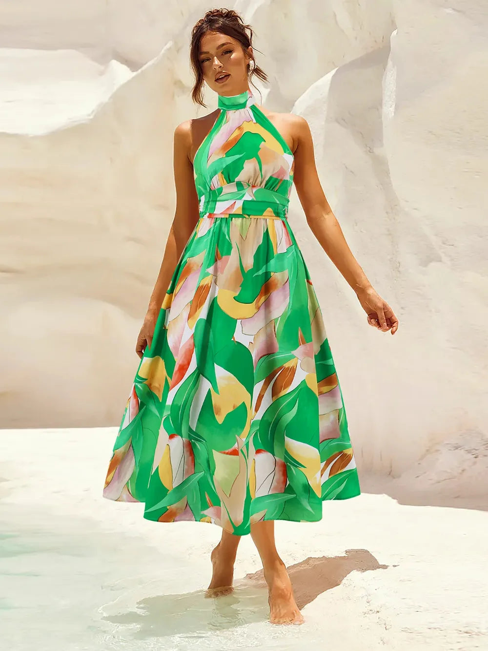 Ruched Printed Halter Neck Dress - Korvel