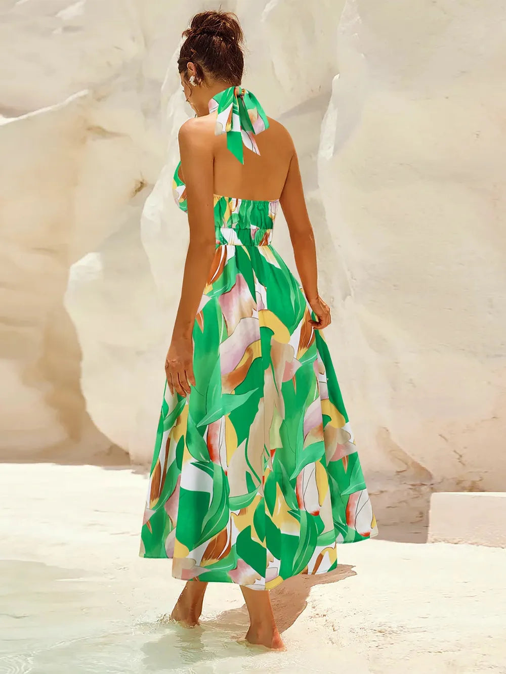 Ruched Printed Halter Neck Dress - Korvel