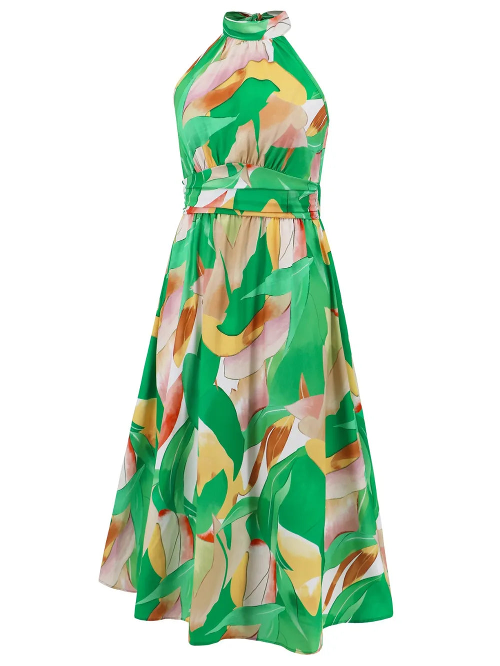 Ruched Printed Halter Neck Dress - Korvel