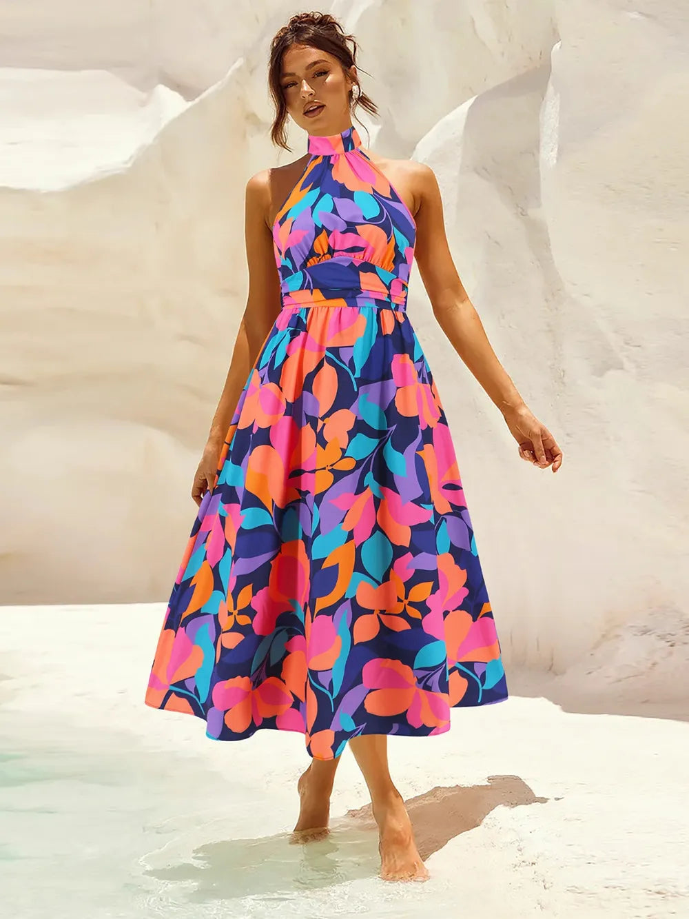 Ruched Printed Halter Neck Dress - Korvel