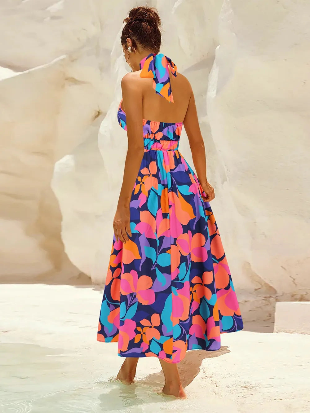 Ruched Printed Halter Neck Dress - Korvel