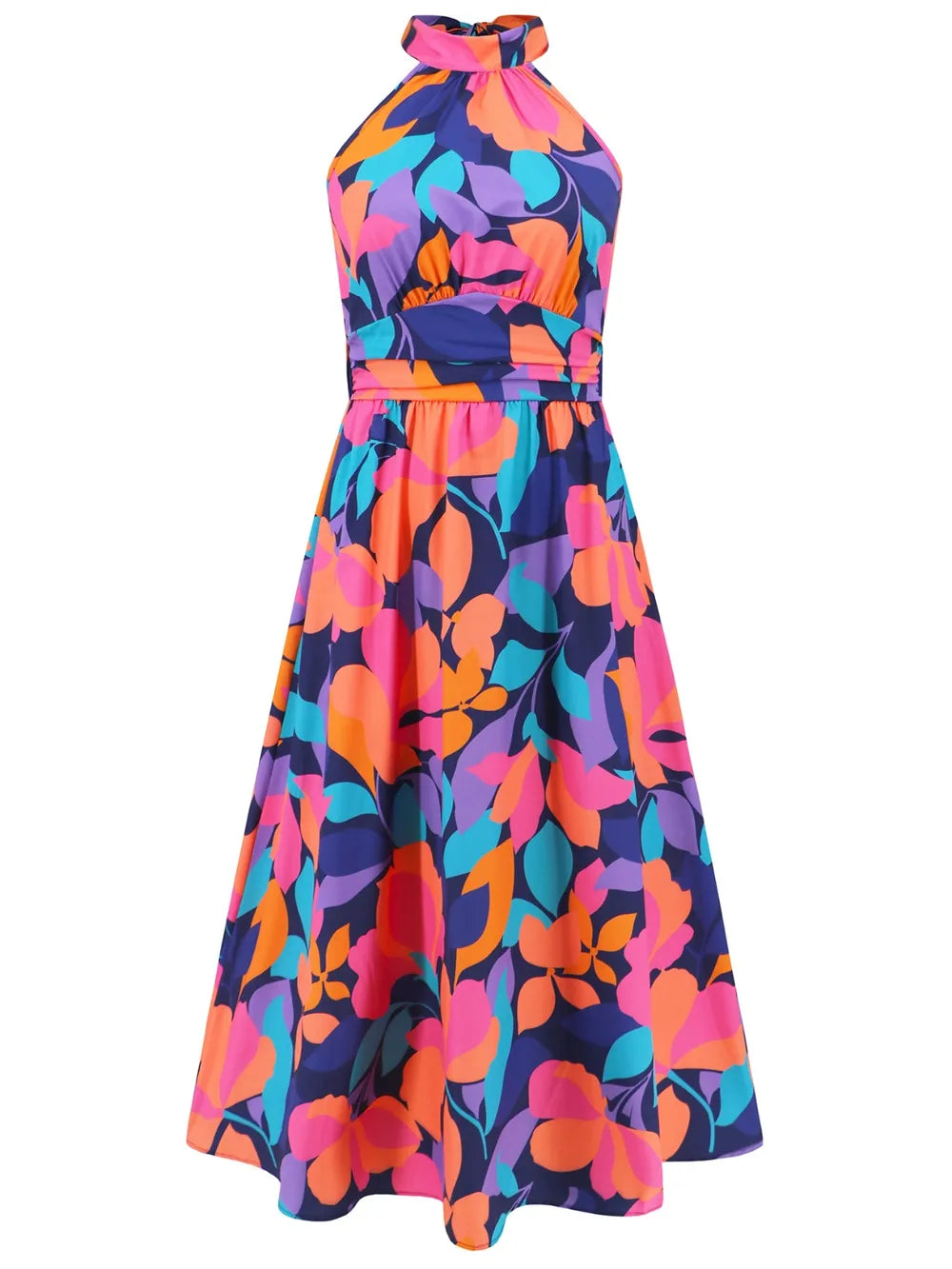 Ruched Printed Halter Neck Dress - Korvel
