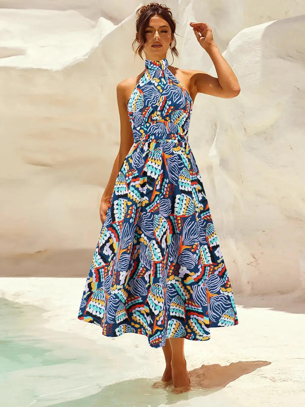 Ruched Printed Halter Neck Dress - Korvel