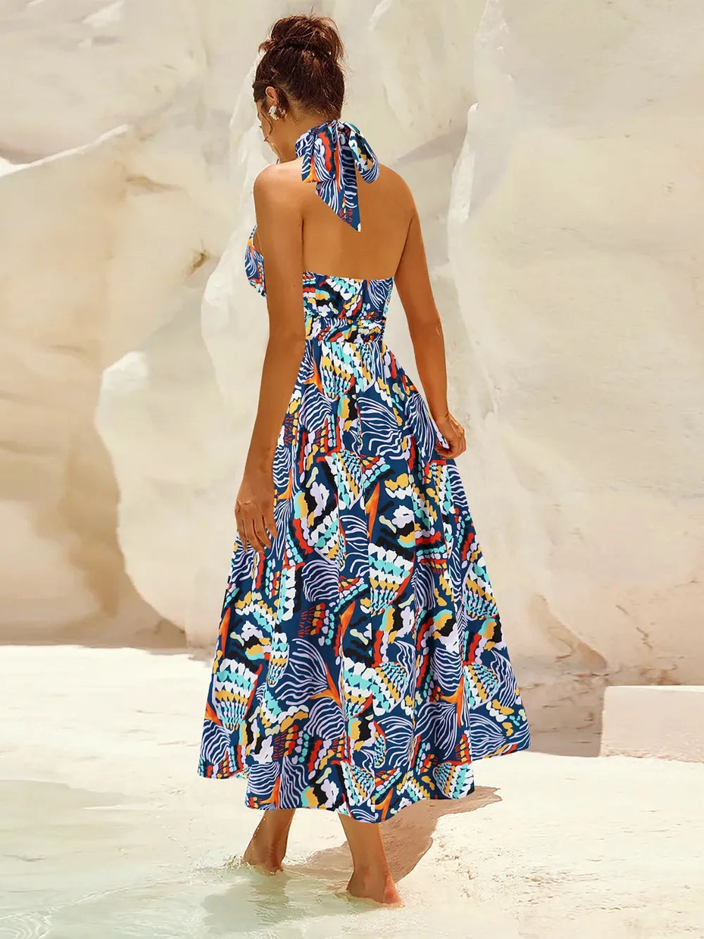 Ruched Printed Halter Neck Dress - Korvel
