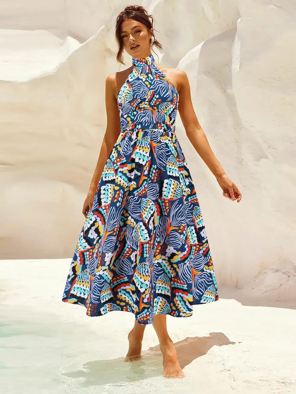 Ruched Printed Halter Neck Dress - Korvel
