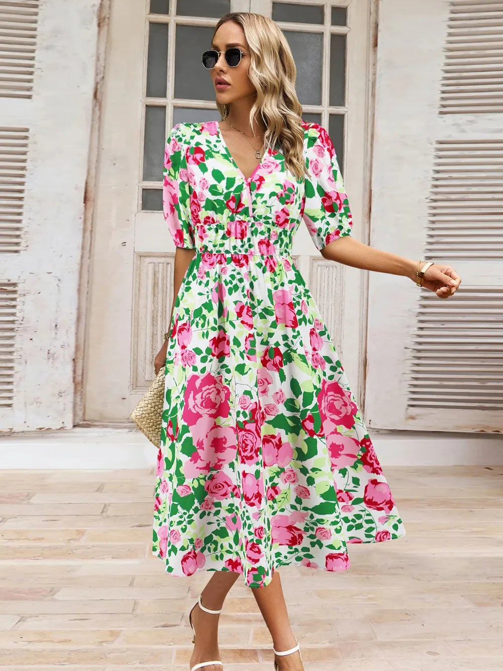 Ruched Printed Surplice Short Sleeve Dress - Korvel