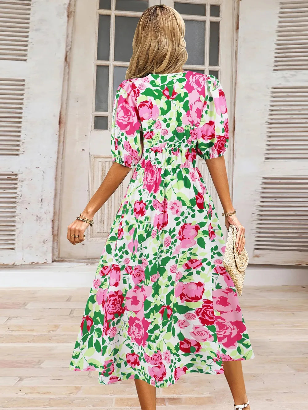 Ruched Printed Surplice Short Sleeve Dress - Korvel