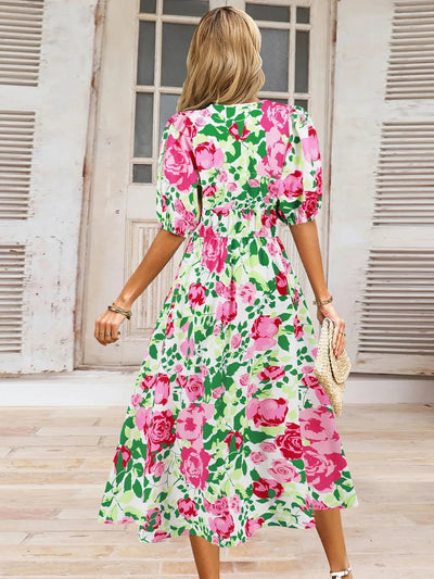 Ruched Printed Surplice Short Sleeve Dress - Korvel