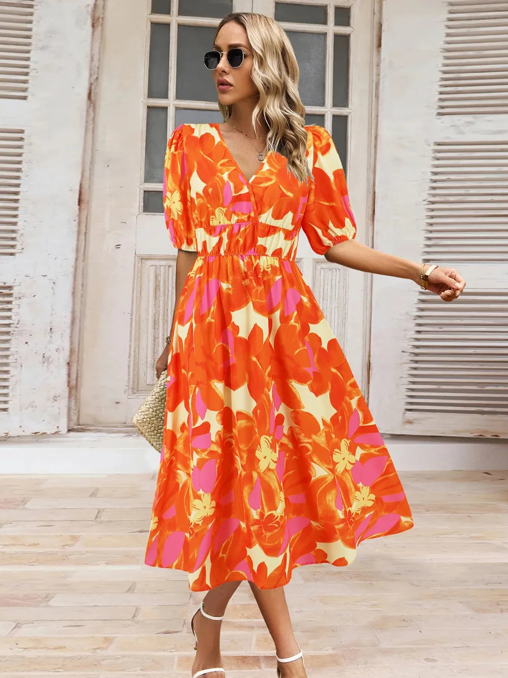 Ruched Printed Surplice Short Sleeve Dress - Korvel