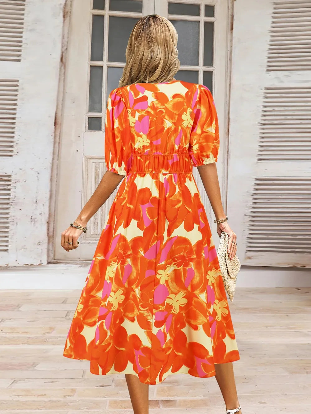 Ruched Printed Surplice Short Sleeve Dress - Korvel