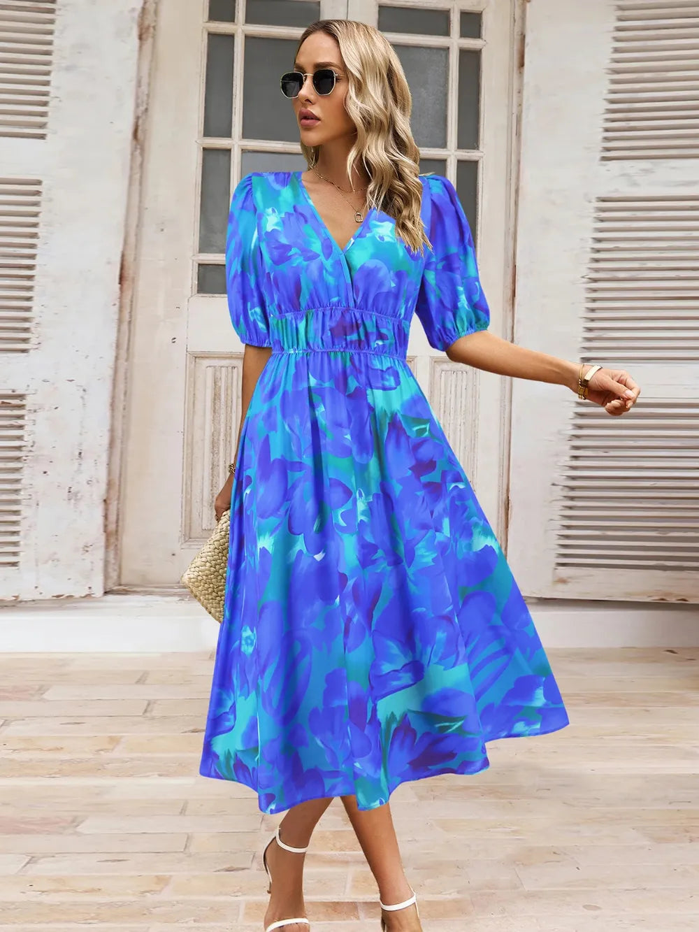 Ruched Printed Surplice Short Sleeve Dress - Korvel