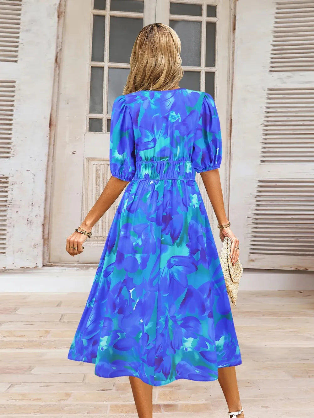 Ruched Printed Surplice Short Sleeve Dress - Korvel