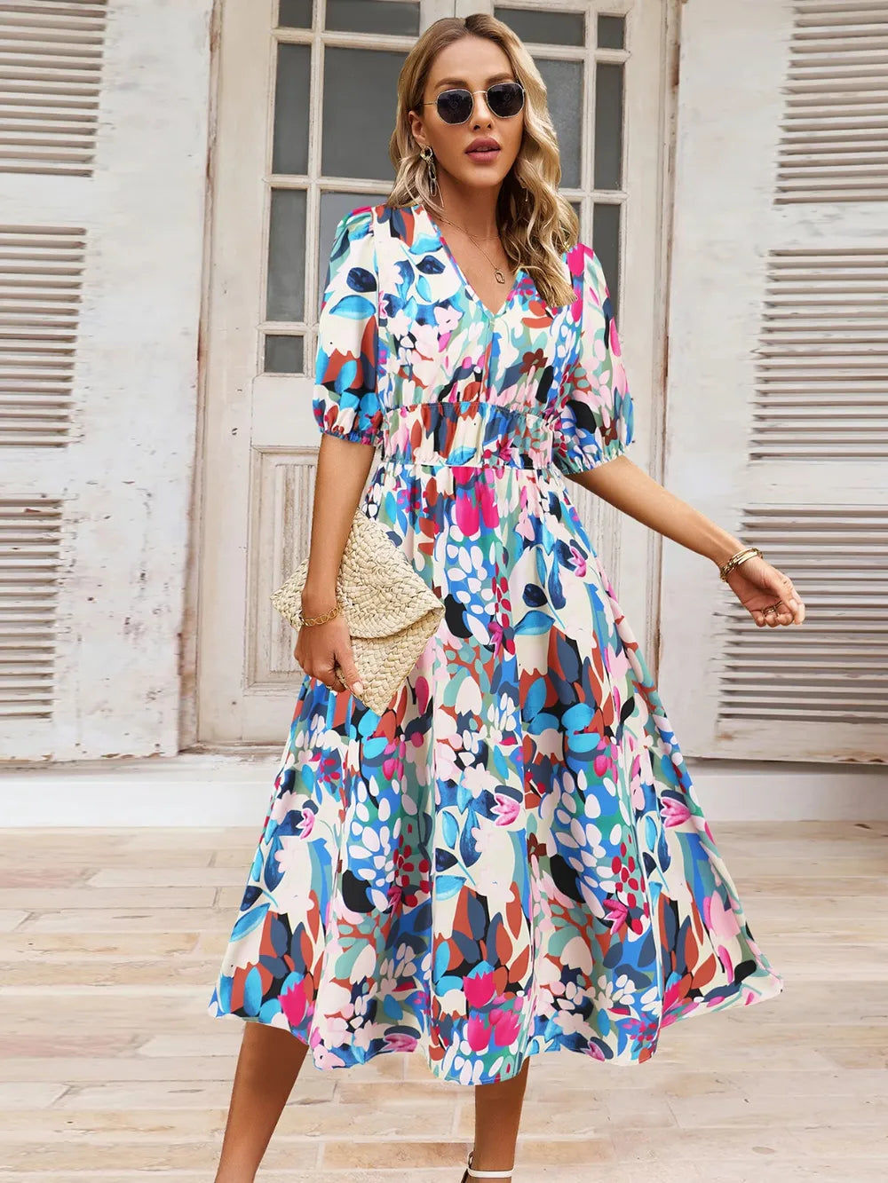 Ruched Printed Surplice Short Sleeve Dress - Korvel