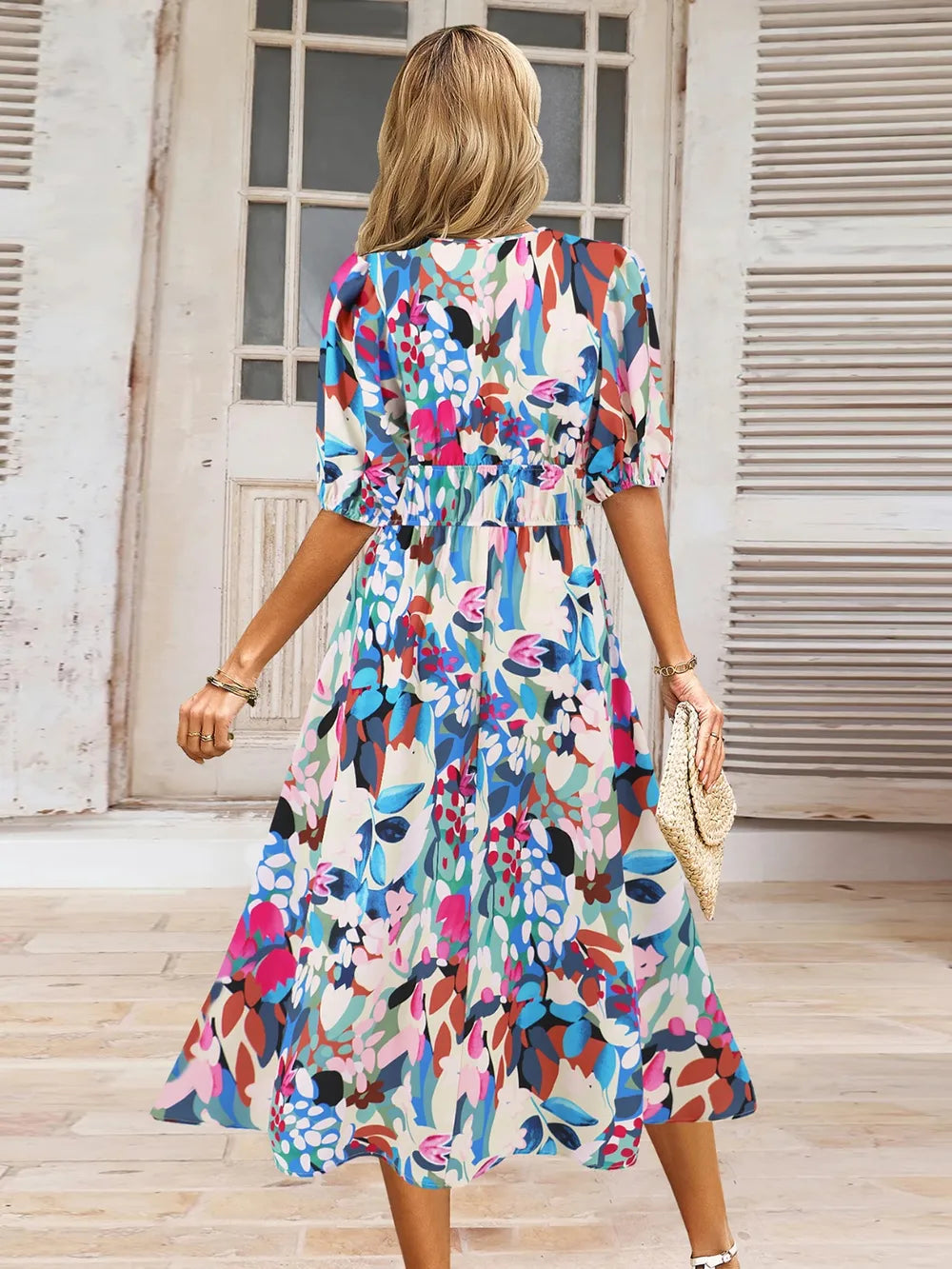 Ruched Printed Surplice Short Sleeve Dress - Korvel