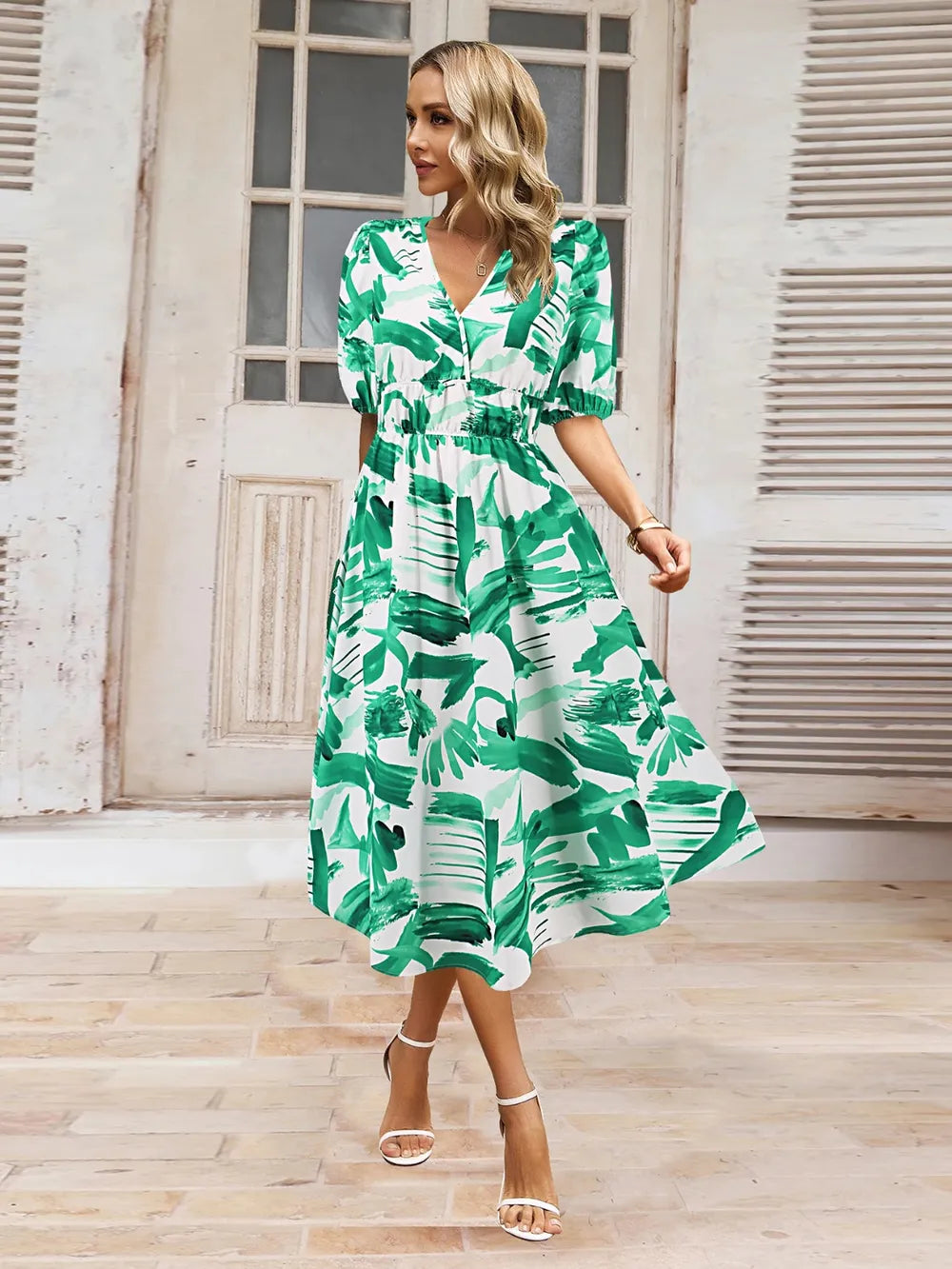 Ruched Printed Surplice Short Sleeve Dress - Korvel