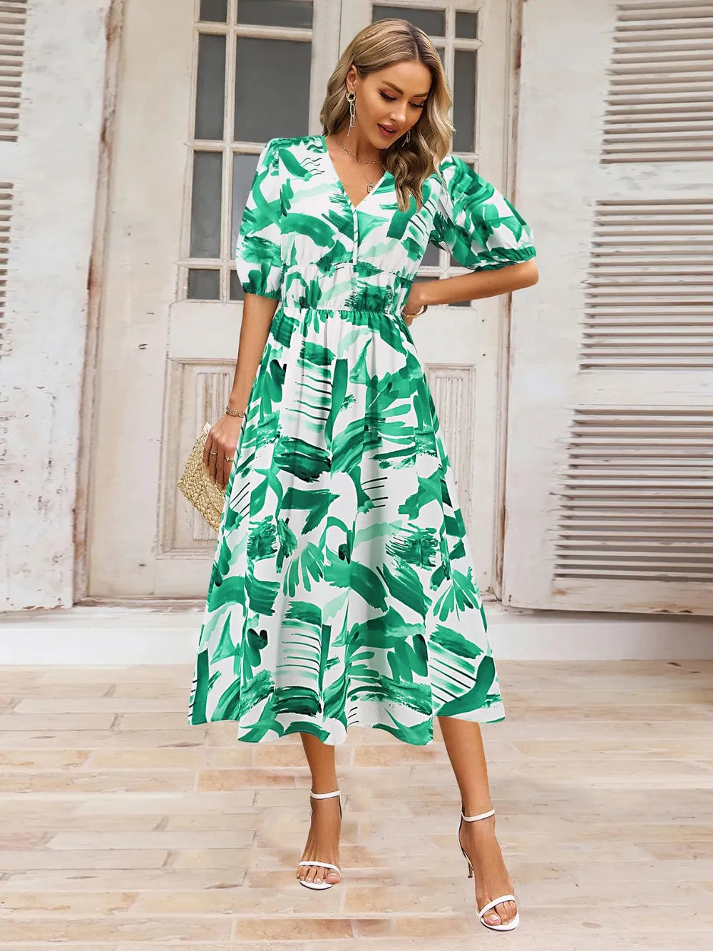 Ruched Printed Surplice Short Sleeve Dress - Korvel