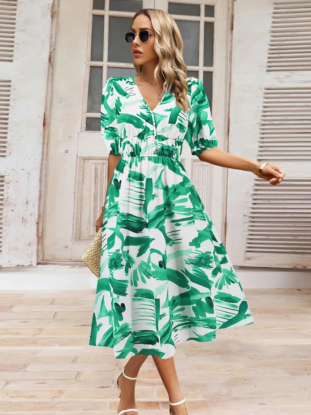 Ruched Printed Surplice Short Sleeve Dress - Korvel