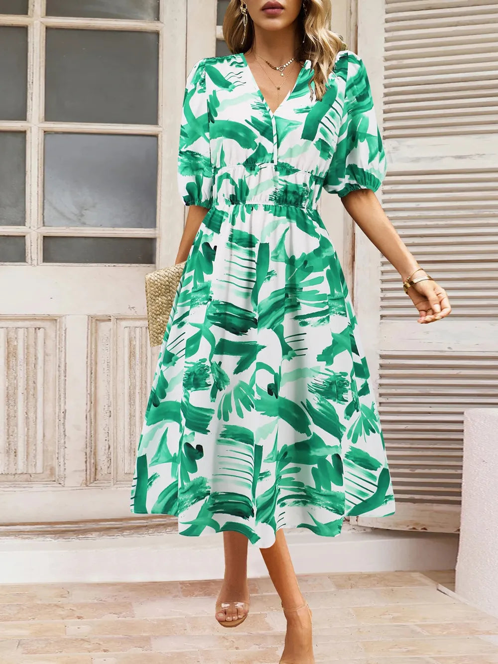 Ruched Printed Surplice Short Sleeve Dress - Korvel