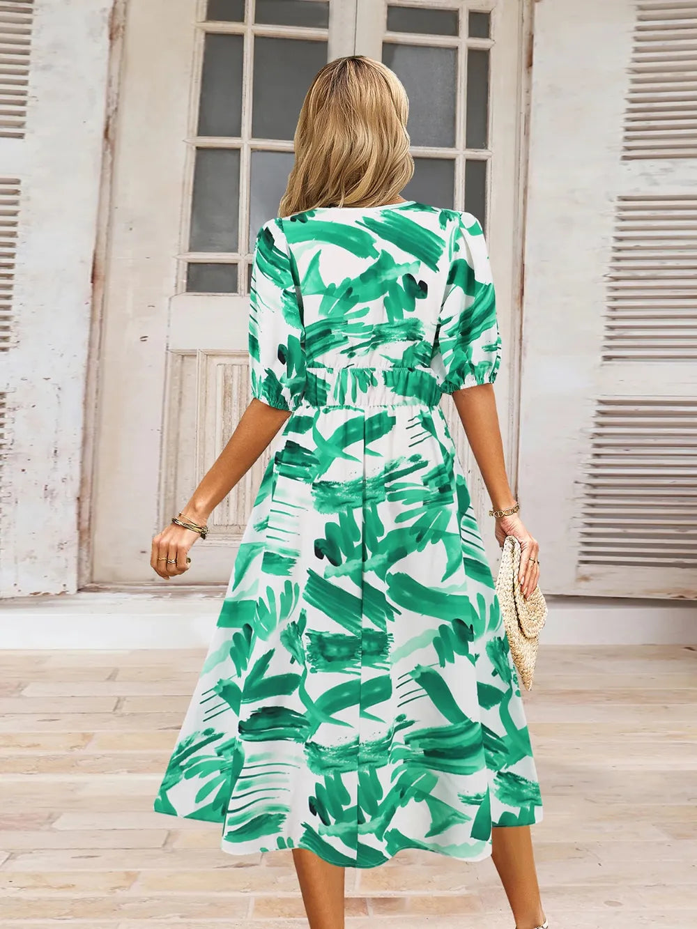 Ruched Printed Surplice Short Sleeve Dress - Korvel