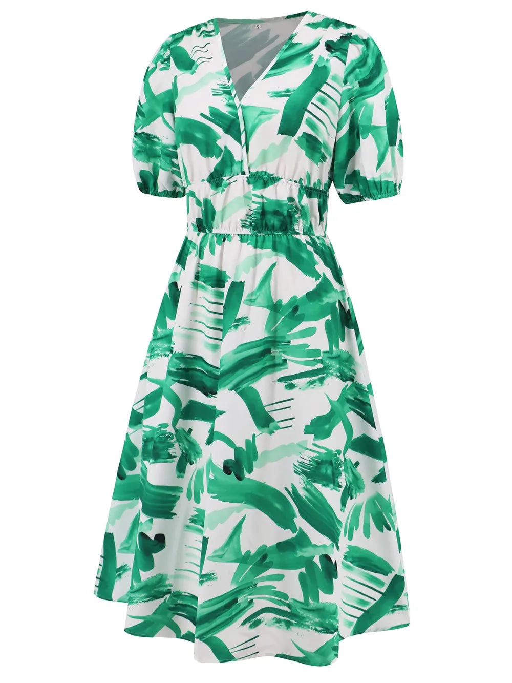 Ruched Printed Surplice Short Sleeve Dress - Korvel